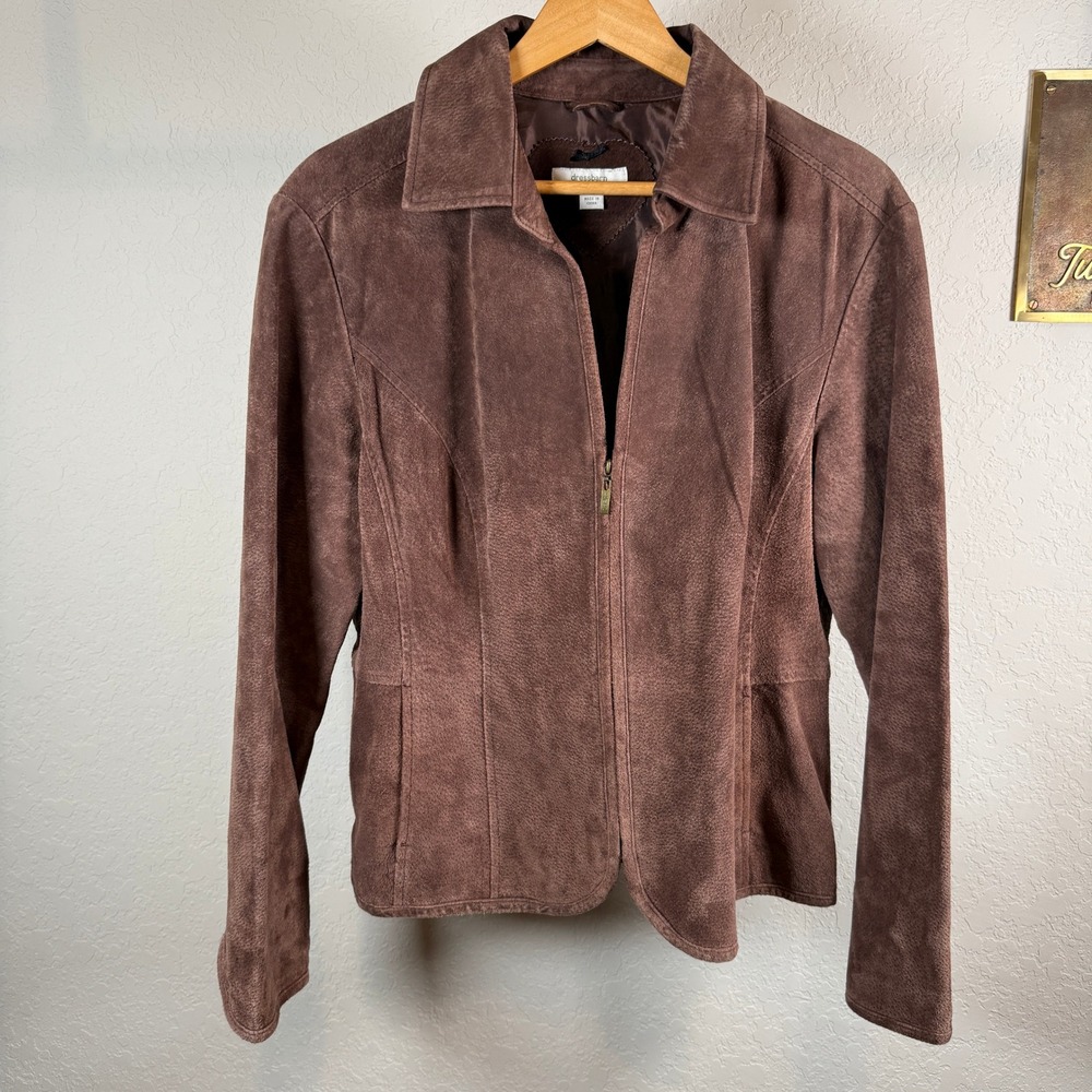 Dressbarn Womens Brown 100% Leather Suede Zip Up Jacket L 5450WS